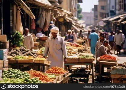 A bustling market with vendors selling fresh produce and local goods