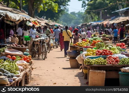 A bustling market with vendors selling fresh produce and local goods