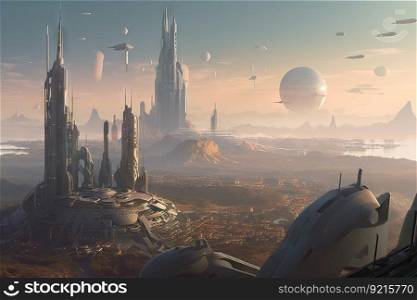 a bustling metropolis of domes and spires on a distant planet, with spacecraft taking off from a nearby spaceport, created with generative ai. a bustling metropolis of domes and spires on a distant planet, with spacecraft taking off from a nearby spaceport