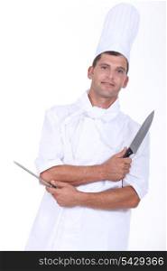a butcher with a knife and a sharpener