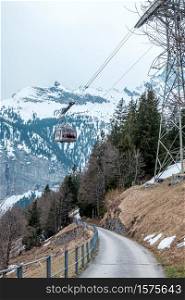 A cable car to Schitlhorn summit from Murren village, Switzerland