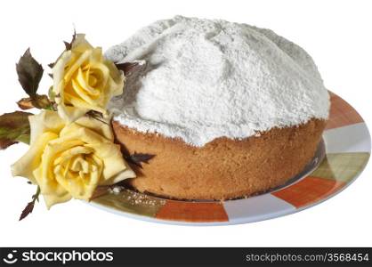 a cake with icing sugar on a white background