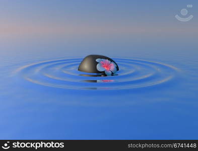 A calm scene showing a flower and stone floating on water