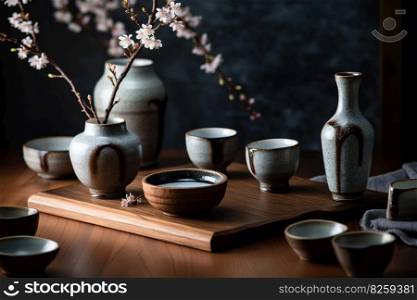 A captivating, Japanese-inspired sake presentation, with a traditional sake set, including a ceramic flask and small cups, surrounded by cherry blossoms and minimalist decor. Generative AI