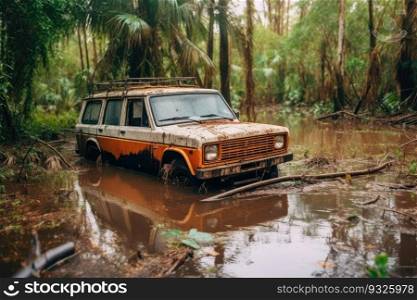 A car caught in floodwaters caused by a hurricane, unable to move. The damage caused by the storm. Generative AI.    . Stranded car caught in a flood caused by a hurricane 