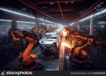 a car factory in motion, with robotic arms and welding torches building a new vehicle, created with generative ai. a car factory in motion, with robotic arms and welding torches building a new vehicle