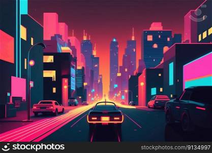 A Car Ride on the Street in Neon City in Retro-futuristic 80s Style Which Created with Generative AI Technology
