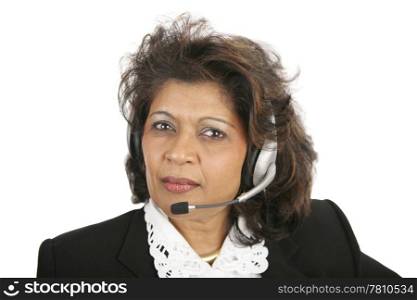 A caring, concerned Indian telephone operator. Isolated on white.