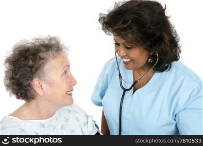 A caring nurse or doctor with a trusting patient. White background.