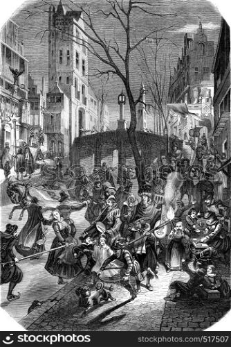 A carnival day in a northern city, According to a stamp of the seventeenth century, vintage engraved illustration. Magasin Pittoresque 1845.