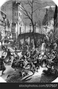 A carnival day in a northern city, According to a stamp of the seventeenth century, vintage engraved illustration. Magasin Pittoresque 1845.