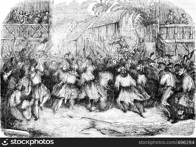 A Carnival Scene in Haiti in 1838, after the sketch of a traveler, vintage engraved illustration. Magasin Pittoresque 1841.