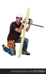 A carpenter with a plank.