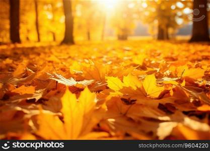A carpet of beautiful yellow and orange fallen leaves against a blurred natural park