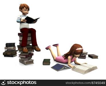 A cartoon boy sitting on a pile of books and holding a book. A cute cartoon girl in pink dress lying on the floor and reading a book. Several books are scattered on the floor around them. White background.. Cute cartoon boy and girl surrounded by books.