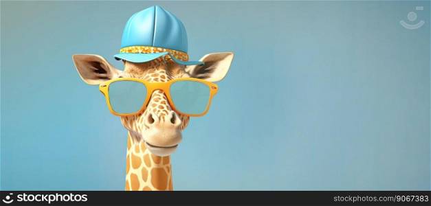 A cartoon giraffe with sunglasses on its head on a colorful background. Generative AI