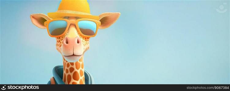 A cartoon giraffe with sunglasses on its head on a colorful background. Generative AI