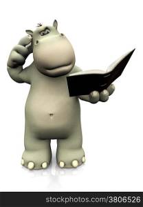A cartoon hippo reading a book and looking very confused, scratching his head. White background.