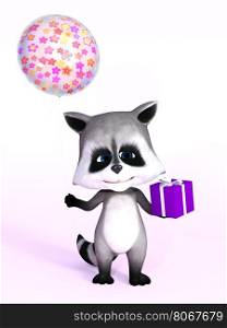 A cartoon raccoon looking really cute and holding a birthday gift in one hand and a balloon in the other, 3D rendering. Pink background.