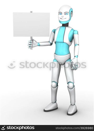 A cartoon robot boy smiling and holding a blank sign. White background.