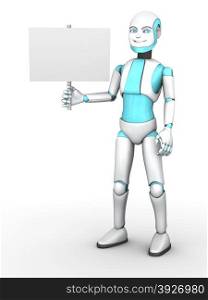 A cartoon robot boy smiling and holding a blank sign. White background.