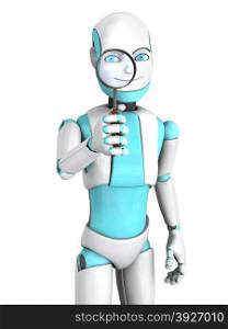 A cartoon robot boy smiling and looking through a magnifying glass he is holding. White background.