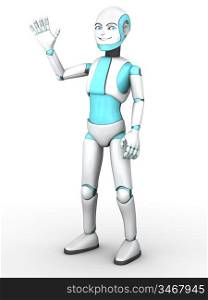 A cartoon robot boy smiling and waving his hand. White background.