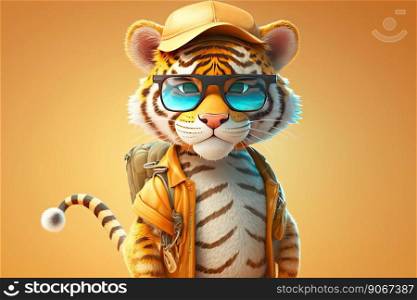 A cartoon tiger with sunglasses on its head and a backpack on a colorful background. Generative AI