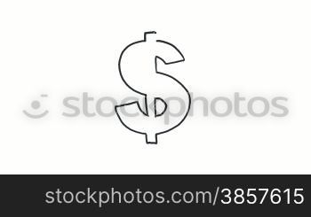 A cartoonish dollar sign being drawn and colored in over white.