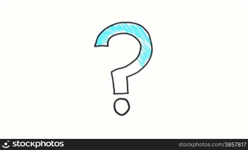 A cartoonish question mark is drawn and colored in over a white background