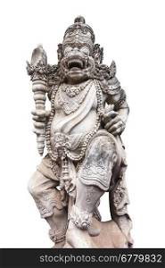 A carved statue with fine details that stands outside the entrance to a Hindu temple as a guardian. (Isolated to white.)