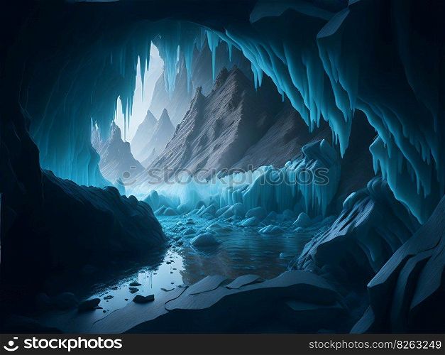 A cave with a stream of water flowing through it and ice formations. Generative AI.