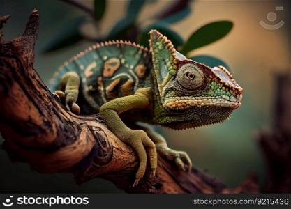 a chameleon hiding on a tree branch, blending in with its surroundings, created with generative ai. a chameleon hiding on a tree branch, blending in with its surroundings