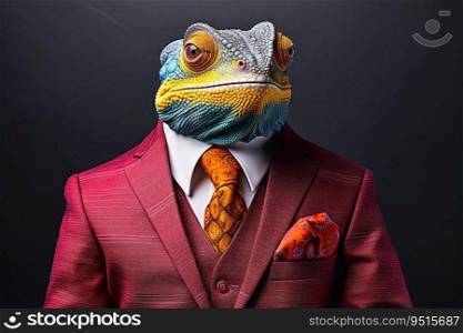 A Chameleon in a colorful suit created with generative AI technology