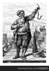 A Charlatan of Bologna in the seventeenth century by Metelli, vintage engraved illustration. Magasin Pittoresque 1867.