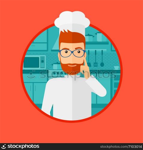 A cheerful chief in uniform standing in the kitchen and pointing forefinger up. Chef thinking about the recipe. Vector flat design illustration in the circle isolated on background.. Chef having an idea.