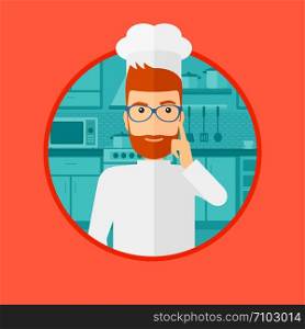 A cheerful chief in uniform standing in the kitchen and pointing forefinger up. Chef thinking about the recipe. Vector flat design illustration in the circle isolated on background.. Chef having an idea.