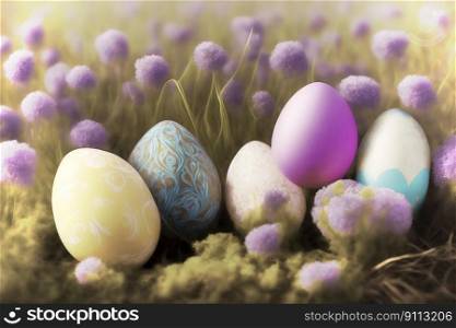 A cheerful table setting of multi-colored Easter eggs, flowers, and pastel food for a traditional springtime holiday celebration, made with generative ai