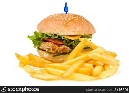 a cheeseburger with deep fried potatoes, closeup