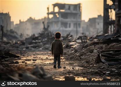A child playing in a destroyed city