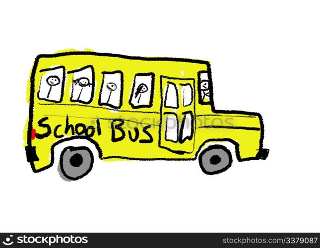 A childlike drawing of a school bus full of kids