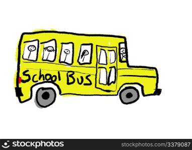 A childlike drawing of a school bus full of kids