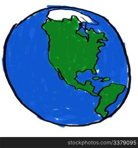 A childlike drawing of the earth from the western hemisphere
