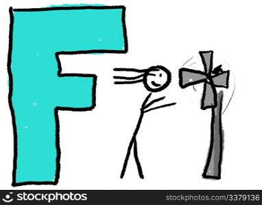 A childlike drawing of the letter F, with a stick person in front of a Fan