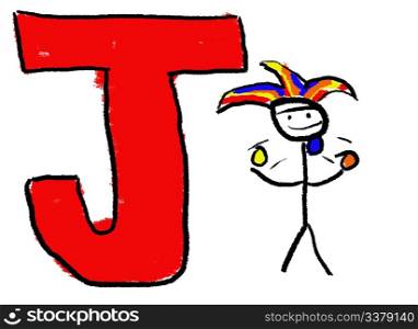 A childlike drawing of the letter J, with a stick Jester Juggling