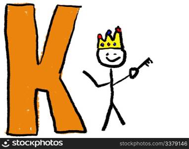 A childlike drawing of the letter K, with a stick man as a King holding a Key