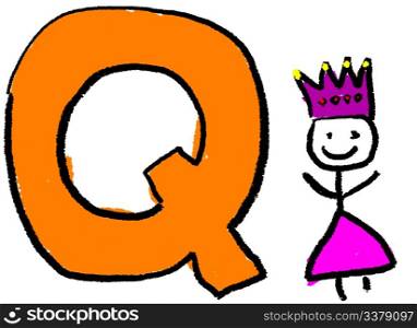 A childlike drawing of the letter Q, with a stick Queen person