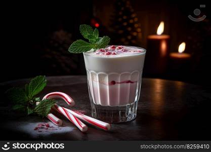 A chilly, peppermint-infused cocktail, featuring a creamy, white chocolate liqueur-based drink, served in a frosty glass with a candy cane set against a snowy, holiday-inspired backdrop. Generative Ai