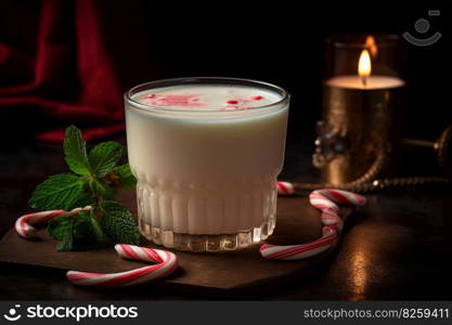 A chilly, peppermint-infused cocktail, featuring a creamy, white chocolate liqueur-based drink, served in a frosty glass with a candy cane set against a snowy, holiday-inspired backdrop. Generative Ai