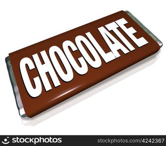 A chocolate bar in brown and silver foil wrapper, junk food candy that is unhealthy for you to eat